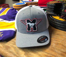 Load image into Gallery viewer, Flex-Fit Hat with a Mustangs crest / logo $39 (Grey / White)
