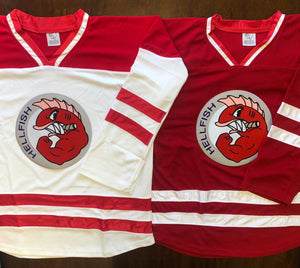 Red and White Hockey Jerseys with a Hellfish Twill Logo