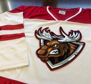 Red and White Hockey Jerseys with a Red and White Moose Twill Logo