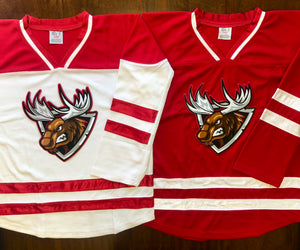 Red and White Hockey Jerseys with a Red and White Moose Twill Logo