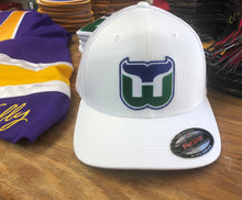 Load image into Gallery viewer, Flex-Fit Hat with a Whalers crest / logo $39 (White / White)

