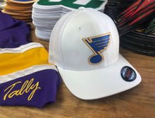 Load image into Gallery viewer, Flex-Fit Hat with a Blues style crest / logo $39 (White / White)
