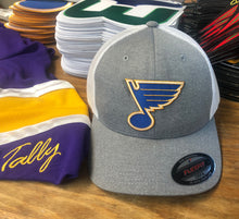 Load image into Gallery viewer, Flex-Fit Hat with a Blues crest / logo $39 (Grey / White)
