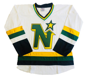 Green and White Hockey Jerseys with the North Stars Twill Logo