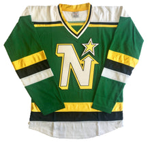 Load image into Gallery viewer, Green and White Hockey Jerseys with the North Stars Twill Logo
