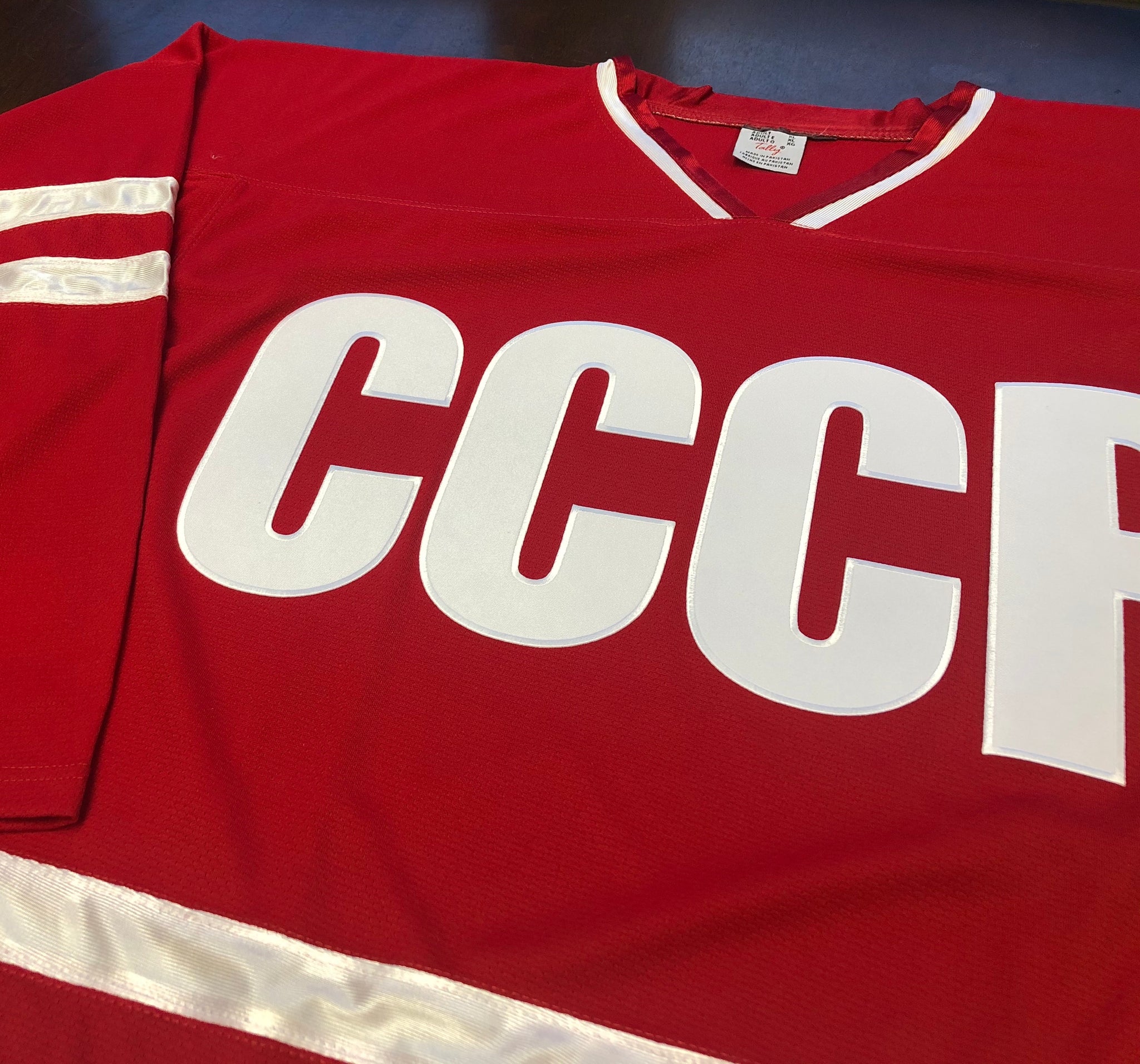 Red and White Hockey Jerseys with a CCCP Twill Logo – Tally Hockey Jerseys