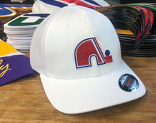 Load image into Gallery viewer, Flex-Fit Hat with a Nordiques style crest / logo $39 (White / White)
