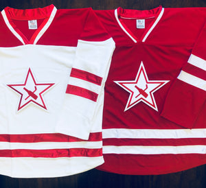 Red and White Hockey Jerseys with a Beer Bottle and Stick Twill Logo