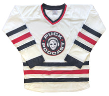 Load image into Gallery viewer, Puck Podcast Hockey Jersey (White) with your Name and Number
