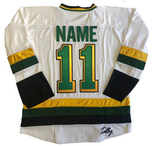 Load image into Gallery viewer, Custom hockey jerseys with the Lucky Pucks logo
