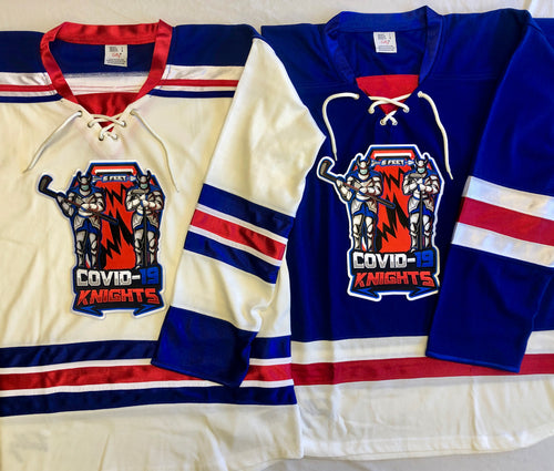 Custom hockey jerseys with the COVID-19 logo