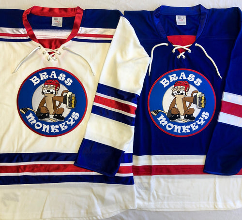 Custom hockey jerseys with the Brass Monkeys logo