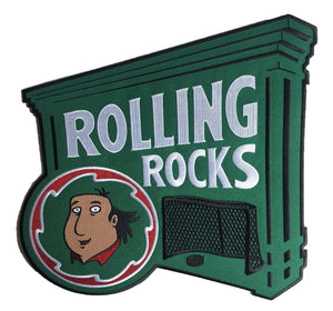 Rolling Rocks embroidered twill team logo.