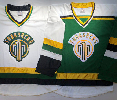 Custom hockey jerseys with the Thrashers team logo.