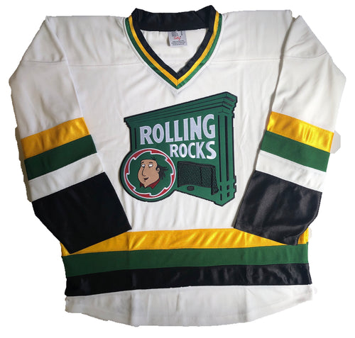 Custom hockey jerseys with Rolling Rocks twill team logo.