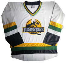 Load image into Gallery viewer, Custom hockey jerseys with the Jurassic Pucks logo
