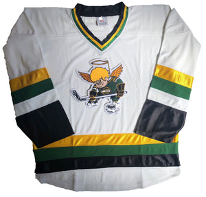 Custom hockey jerseys with the Saints embroidered twill team logo.