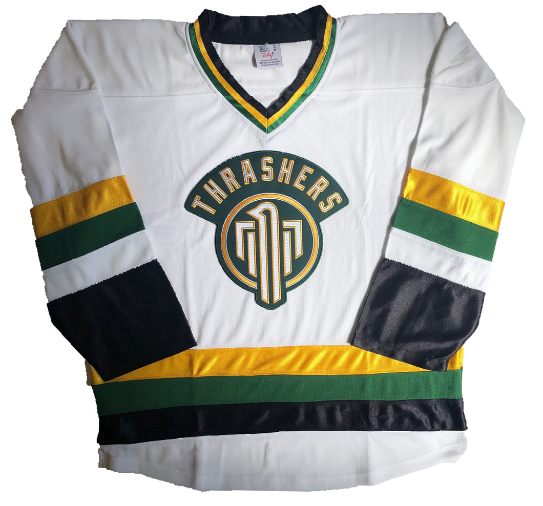 Custom hockey jerseys with the Thrashers team logo.
