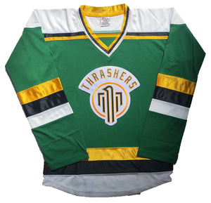 Custom hockey jerseys with the Thrashers team logo.