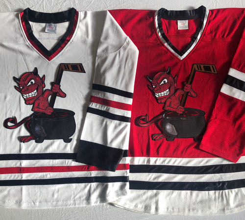 Custom hockey jerseys with Devil with Cauldron embroidered twill crest