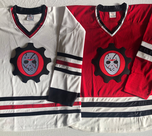 Custom hockey jersey with Scar Goalie Mask embroidered twill team logo.