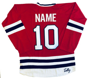 Custom hockey jerseys with the Red Army embroidered twill logo.