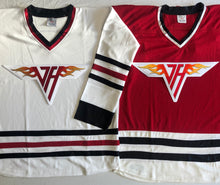 Load image into Gallery viewer, Custom hockey jerseys with a Van Halen team logo.
