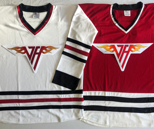 Custom hockey jerseys with a Van Halen team logo.
