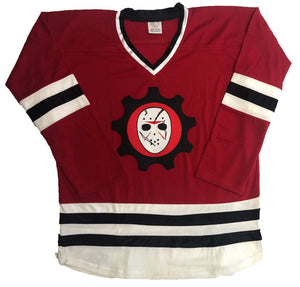 Custom hockey jersey with Scar Goalie Mask embroidered twill team logo.
