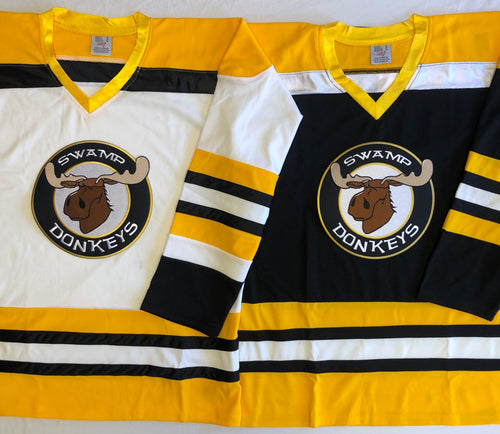 Custom hockey jerseys with the Swamp Donkeys team logo.